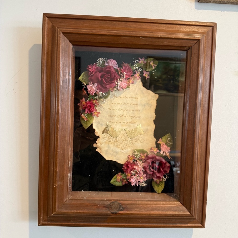 Vintage Wedding Shadow Box – Floral Art with Doves and Poetry – 15.5x13x2" - Picture 7 of 14
